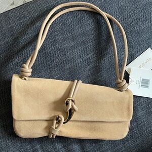 Dolce Vita Alice Baguette Stylish Beige suede Shoulder Bag with Knot Detail